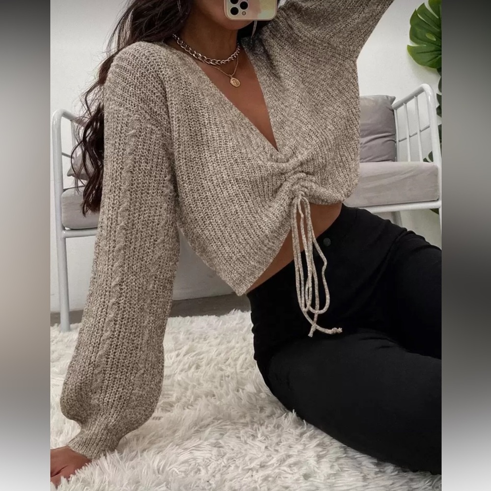 Boho khaki  drawstring front sweater